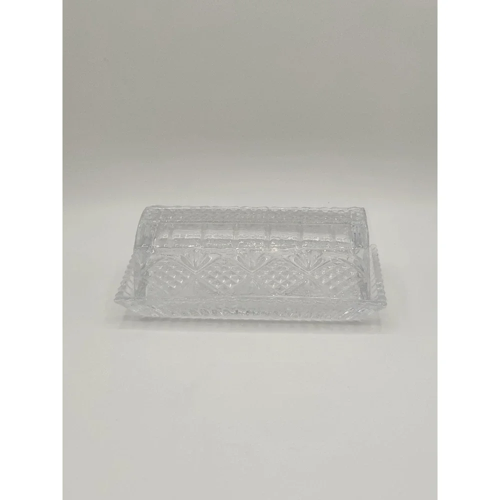 Vintage Pressed Glass Butter Dish Clear Glass Covered Dish Starburst Diamond Cut